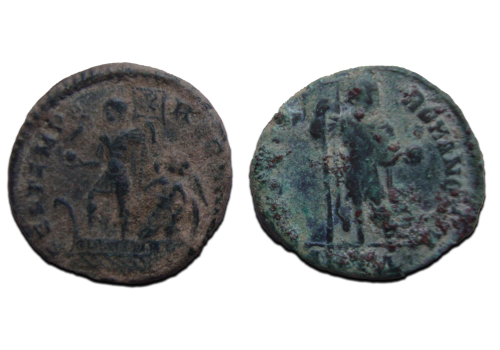 2  romeinse munten:  Honorius en Constantius II (F2405)