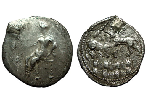 Greek coins - AR STATER Mazaeus walls of Jerusalem! (JA23110)