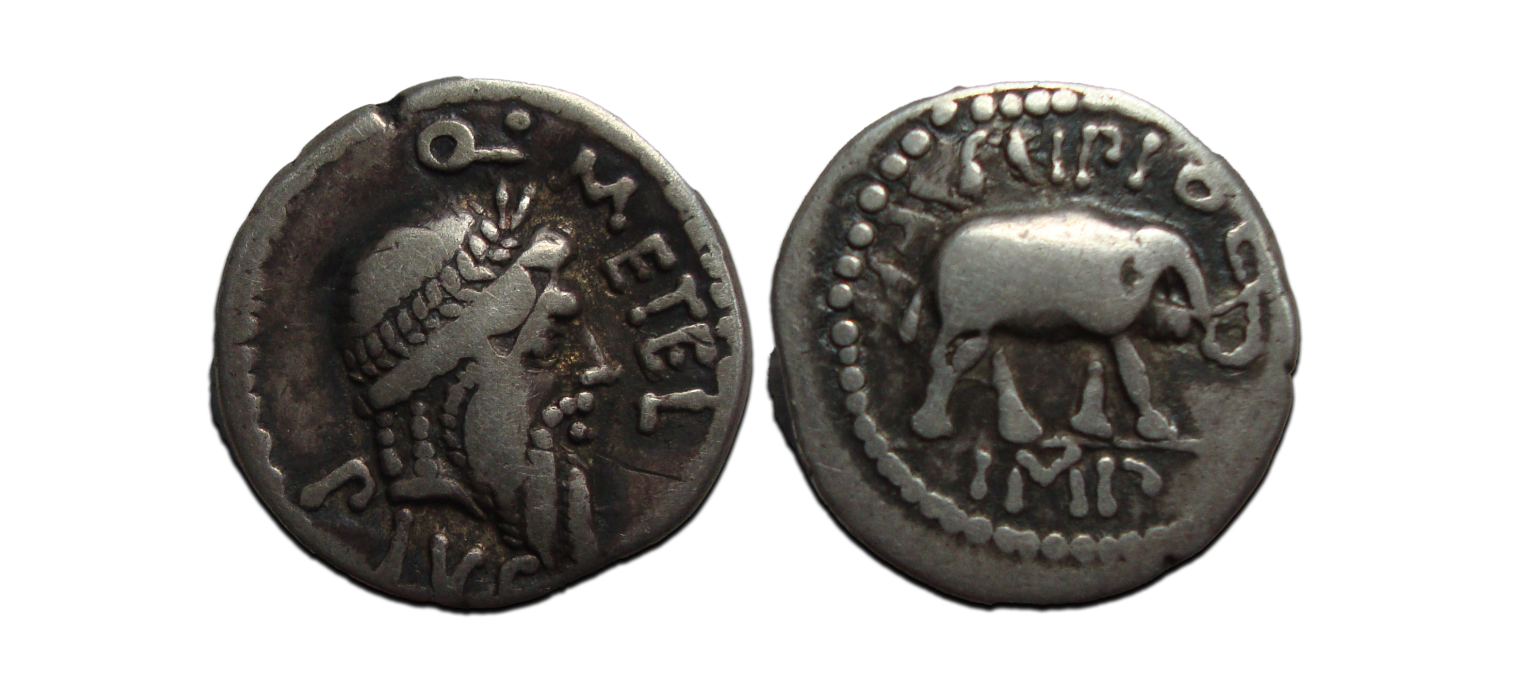 Metellius Pius Scipio denarius Elephant, enemy of Julius Caesar