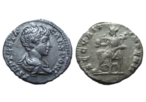 Geta - SECURITAS denarius, Geta als kind! (JA2480)