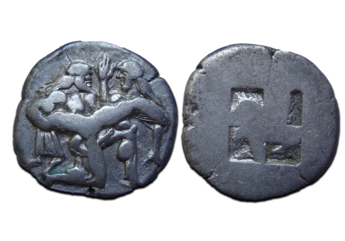 Greek coins - AR STATER Satyr take nymph (JA2389)