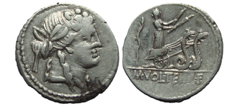 Romeinse republiek - denarius M. VOLTEIUS tweespan met slangen 78 v. Chr. (MA2383)