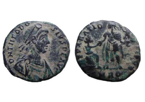 Theodosius I - Keizer met knielende vrouw AQUILEA zeer zeldzaam (MA2416)