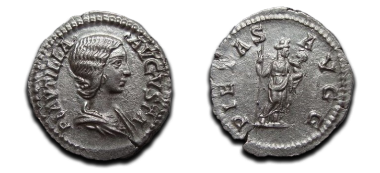 Plautilla -  denarius vrouw van Caracalla schaarse keizerin PIETAS! (O2185)